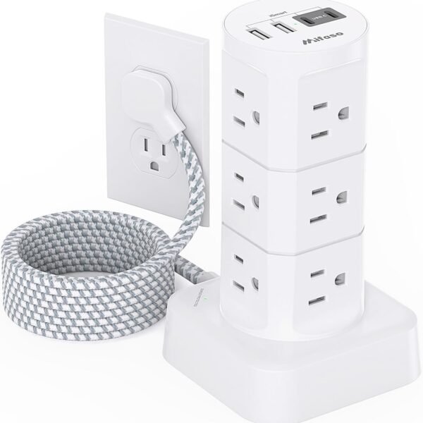 Power Strip Tower with Surge Protection, 12 AC Outlets, 4 USB Ports and 6FT Flat Plug Extension Cord